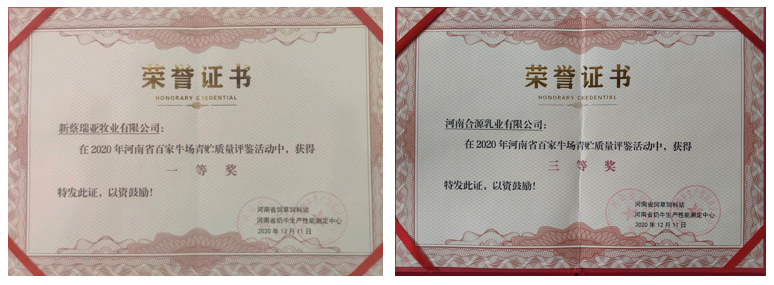 榮譽 | “百家牛場青貯質(zhì)量評鑒活動”花花牛新蔡瑞亞牧業(yè)、河南合源乳業(yè)分別榮獲一、三等獎